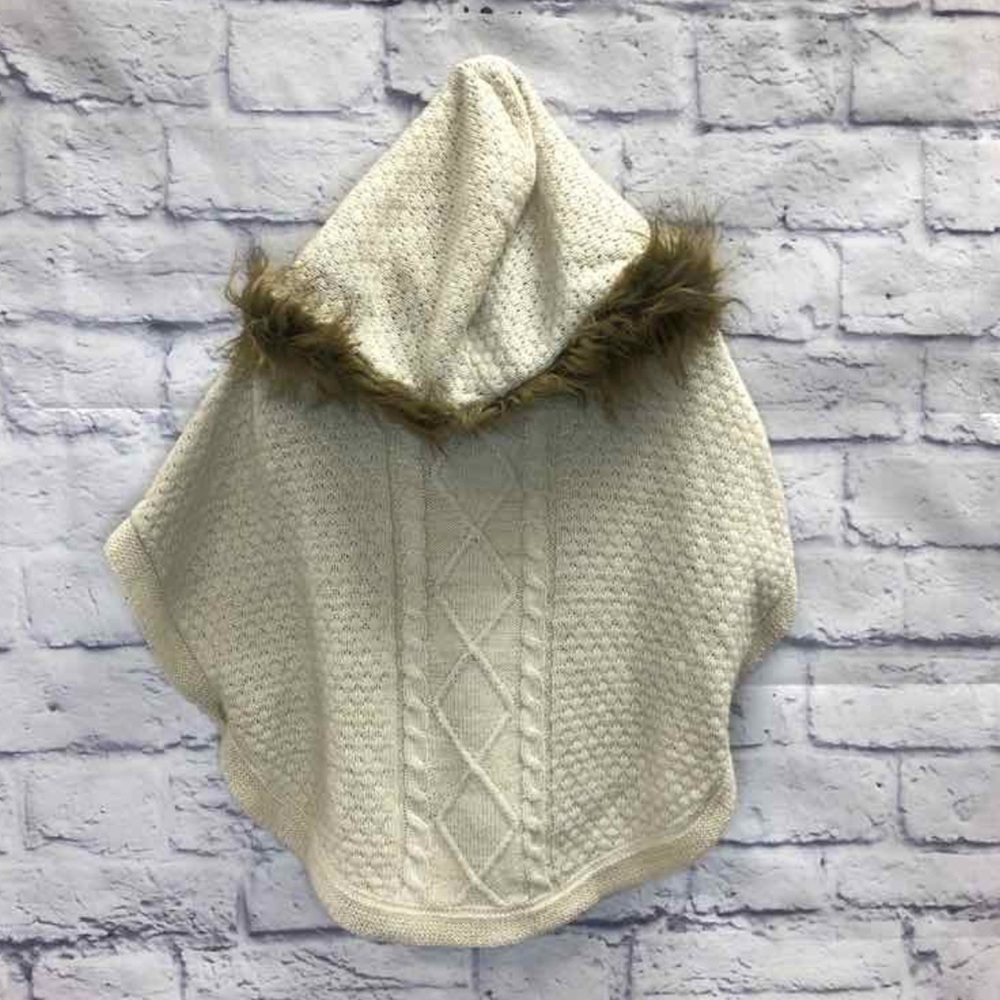 Satin Flowers Beige Fur Lined Hooded Cable Knit Sweater Poncho